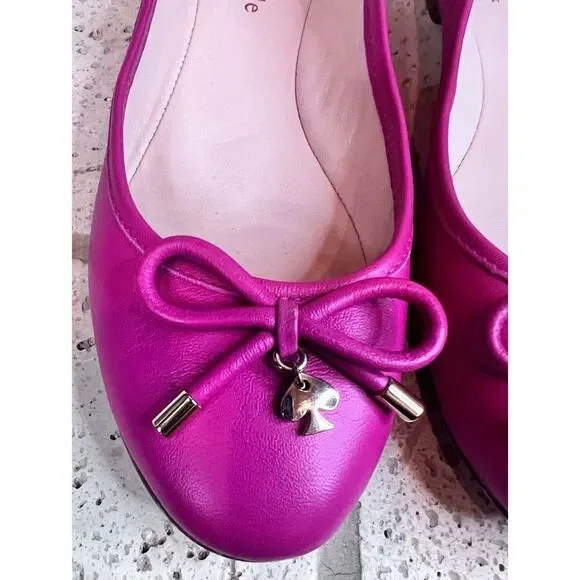 Kate Spade Pink Leather Ballet Flats Willia Bow Gold Spade Charm Shoes Sz 5.5 - Picture 9 of 13